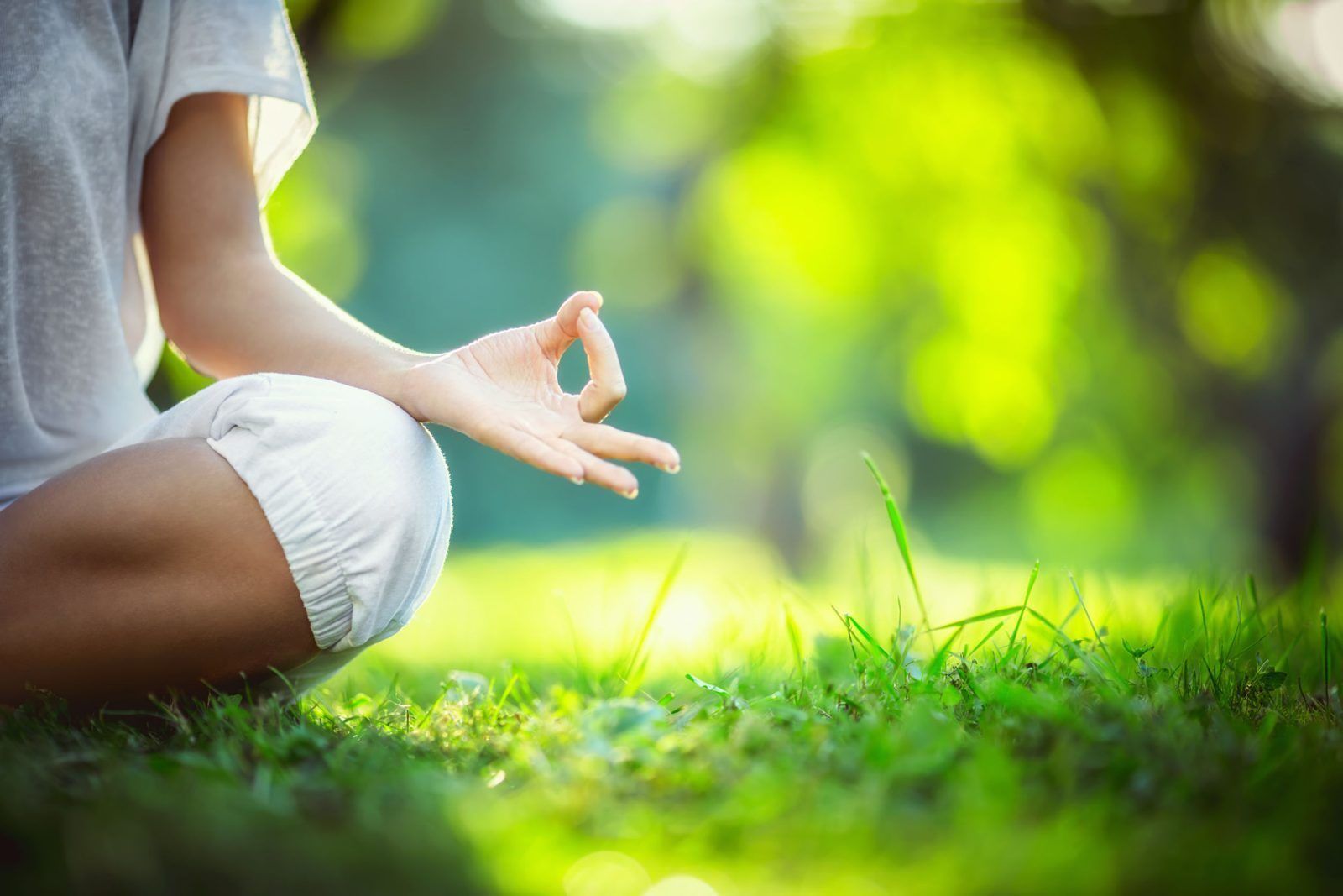 Sitting cross-legged on the grass in soft sunlight